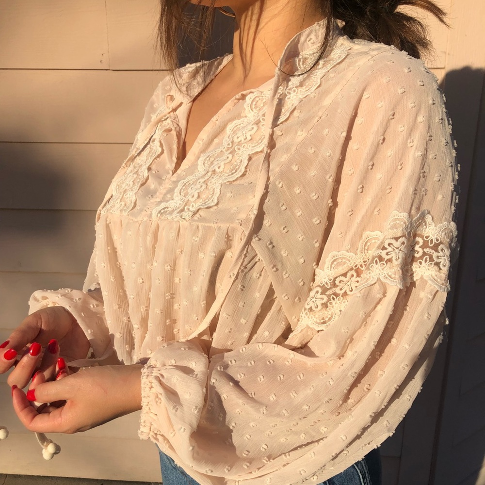 Cream chiffon top with Polka dot detailing blouse